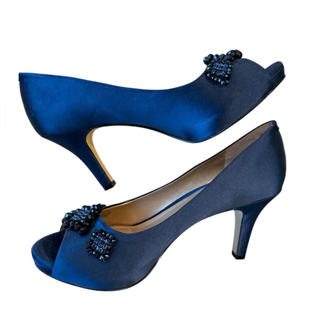 Alex Marie Satin Jeweled Peep Toe Heels in Royal Blue Size 7.5 - Picture 3 of 8